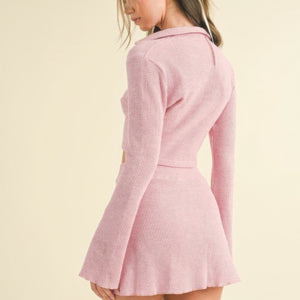 Pink Waffle Knit Bell Sleeve Top And Skirt Set