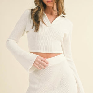 White Waffle Knit Bell Sleeve Top And Skirt Set