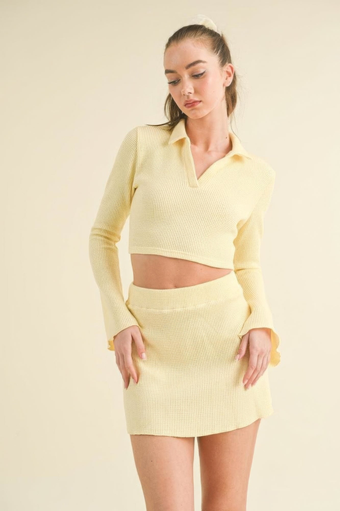 Yellow Waffle Knit Bell Sleeve Top And Skirt Set