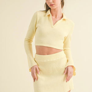 Yellow Waffle Knit Bell Sleeve Top And Skirt Set