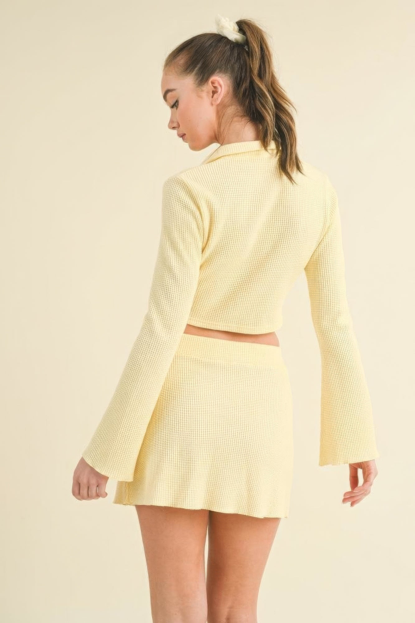 Yellow Waffle Knit Bell Sleeve Top And Skirt Set