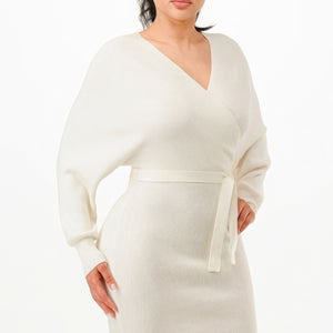 Off Shoulder Wrap Belted Ribbed Sweather Dress