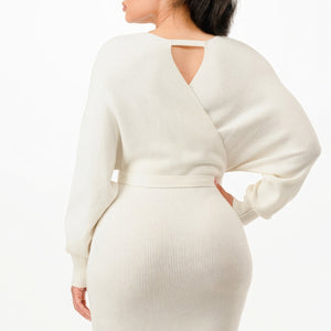 Off Shoulder Wrap Belted Ribbed Sweather Dress