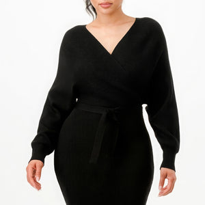 Off Shoulder Wrap Belted Ribbed Sweather Dress