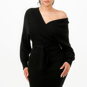 Off Shoulder Wrap Belted Ribbed Sweather Dress