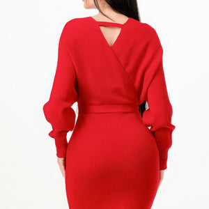 Off Shoulder Wrap Belted Ribbed Sweather Dress