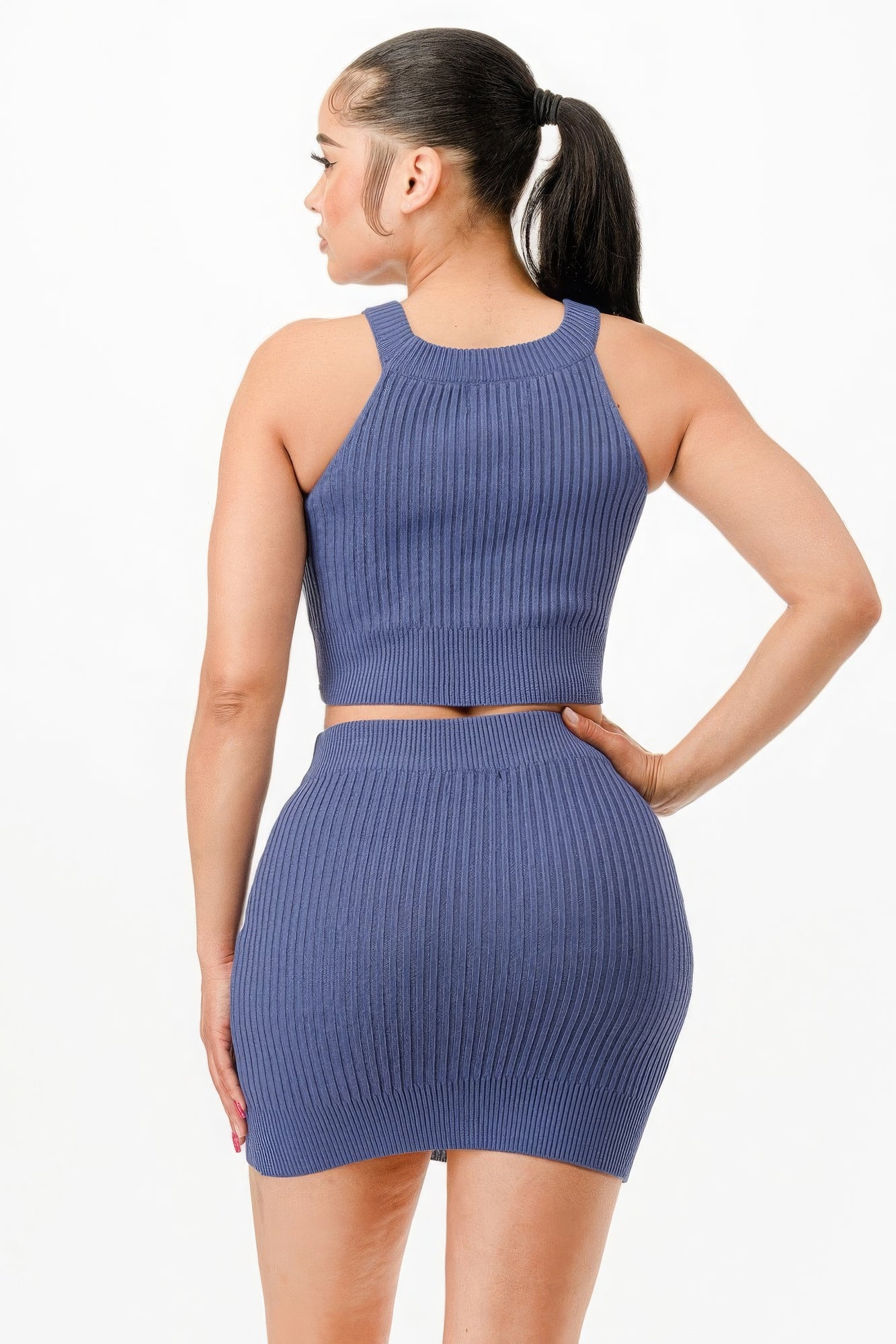 Denim Blue Halter Neck Tank Top And Bodycon Mini Skirt Set