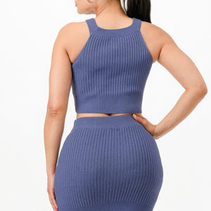 Denim Blue Halter Neck Tank Top And Bodycon Mini Skirt Set