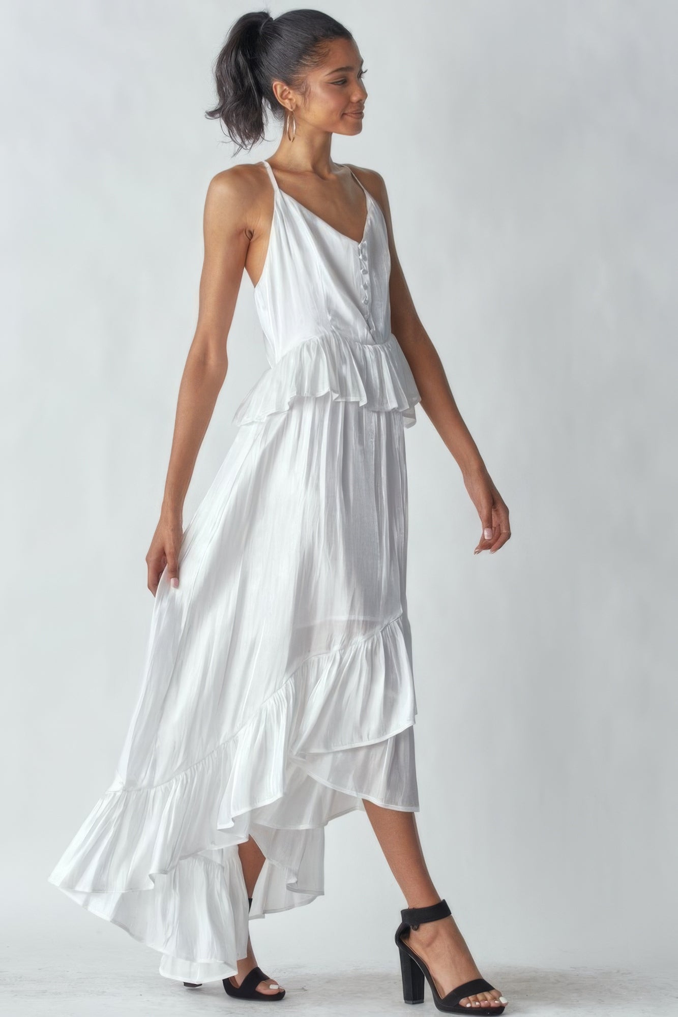 White Shimmering Dress With Ruffles