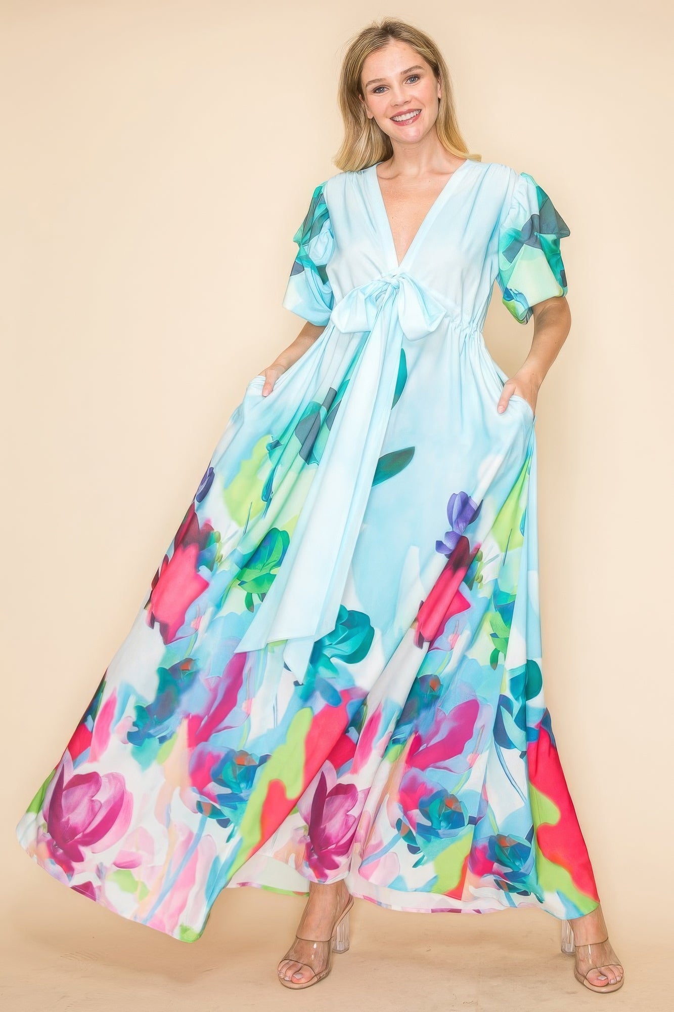 Printed V Neck Maxi Dress