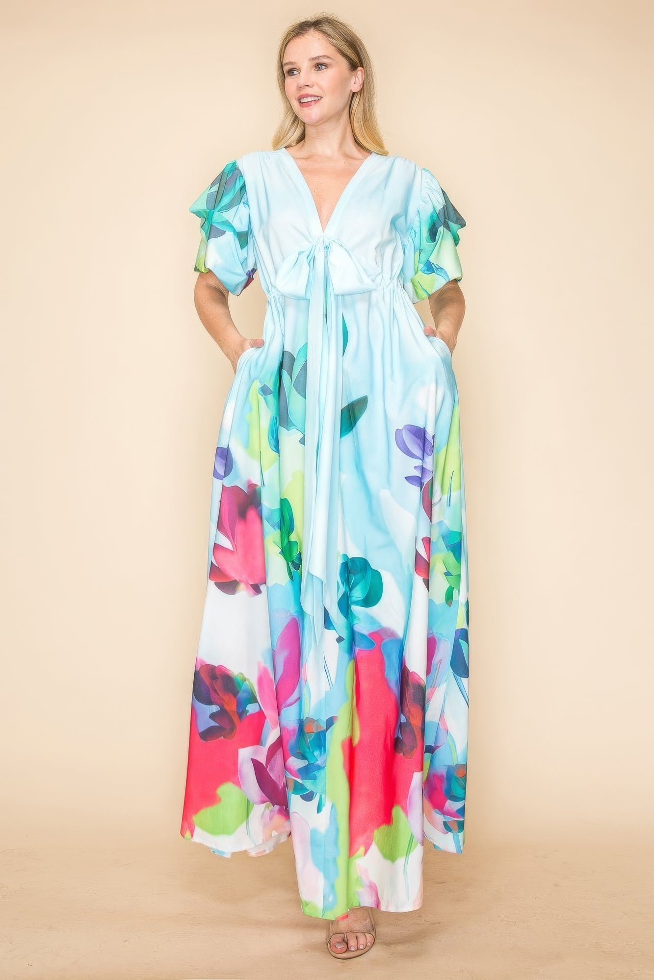 Printed V Neck Maxi Dress