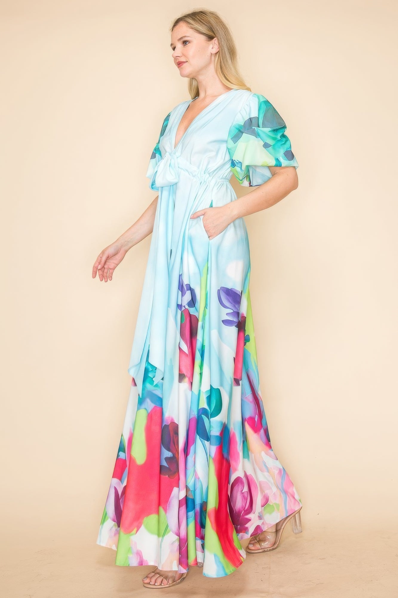 Printed V Neck Maxi Dress