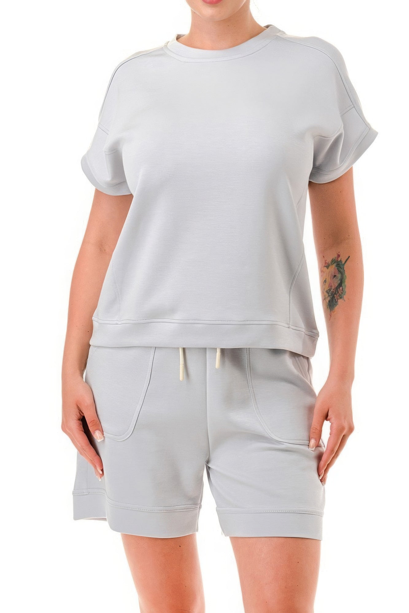 Light Grey Air Cotton Monochrome Tee And Shorts Set