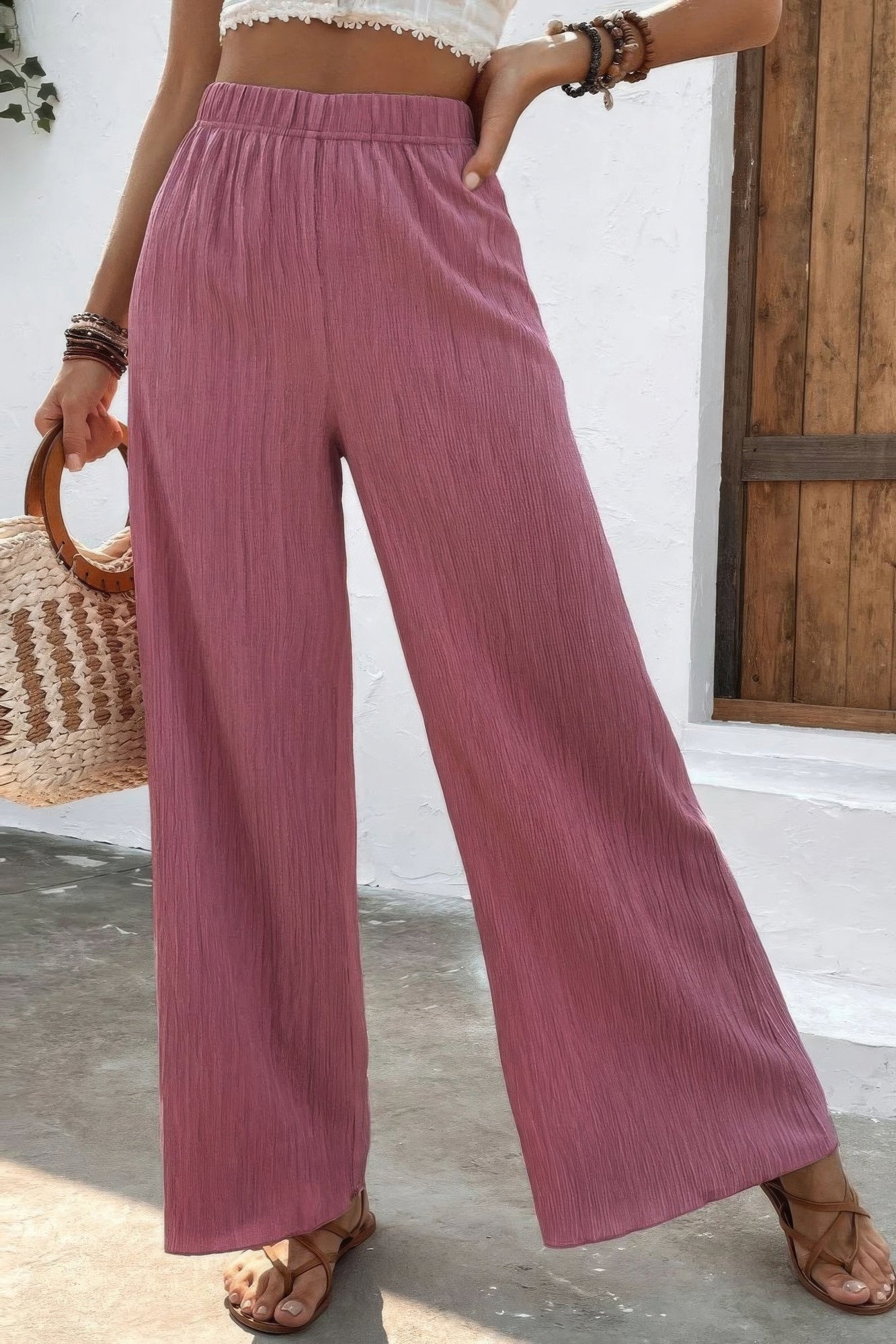 Mauve Textured Wide Leg Palazzo Pants