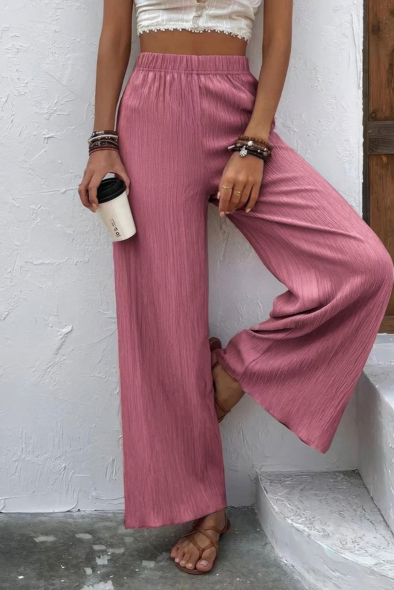 Mauve Textured Wide Leg Palazzo Pants