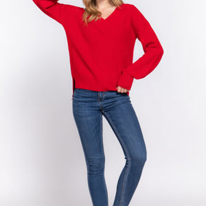 Long Slv Double V-neck Sweater