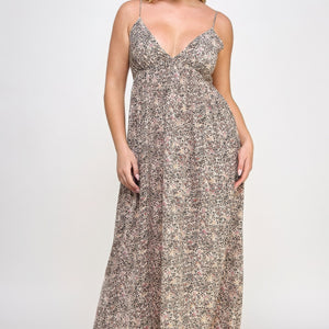 Taupe Floral Maxi Dress With Tie Back