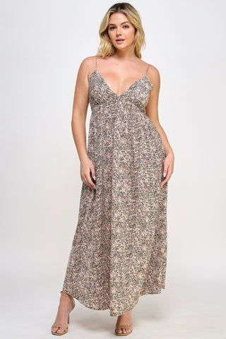 Taupe Floral Maxi Dress With Tie Back