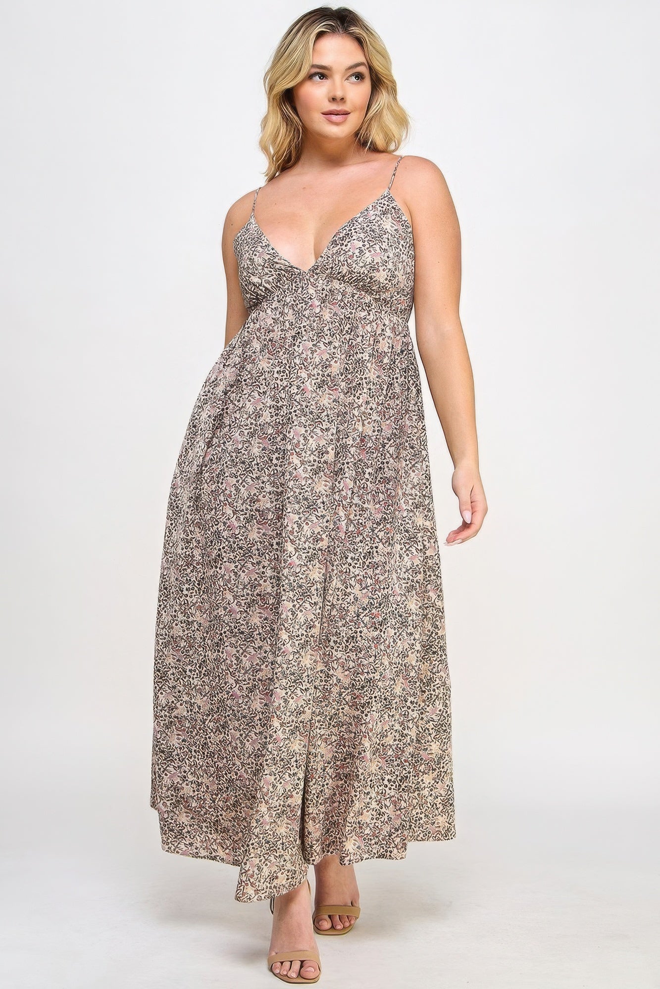 Taupe Floral Maxi Dress With Tie Back