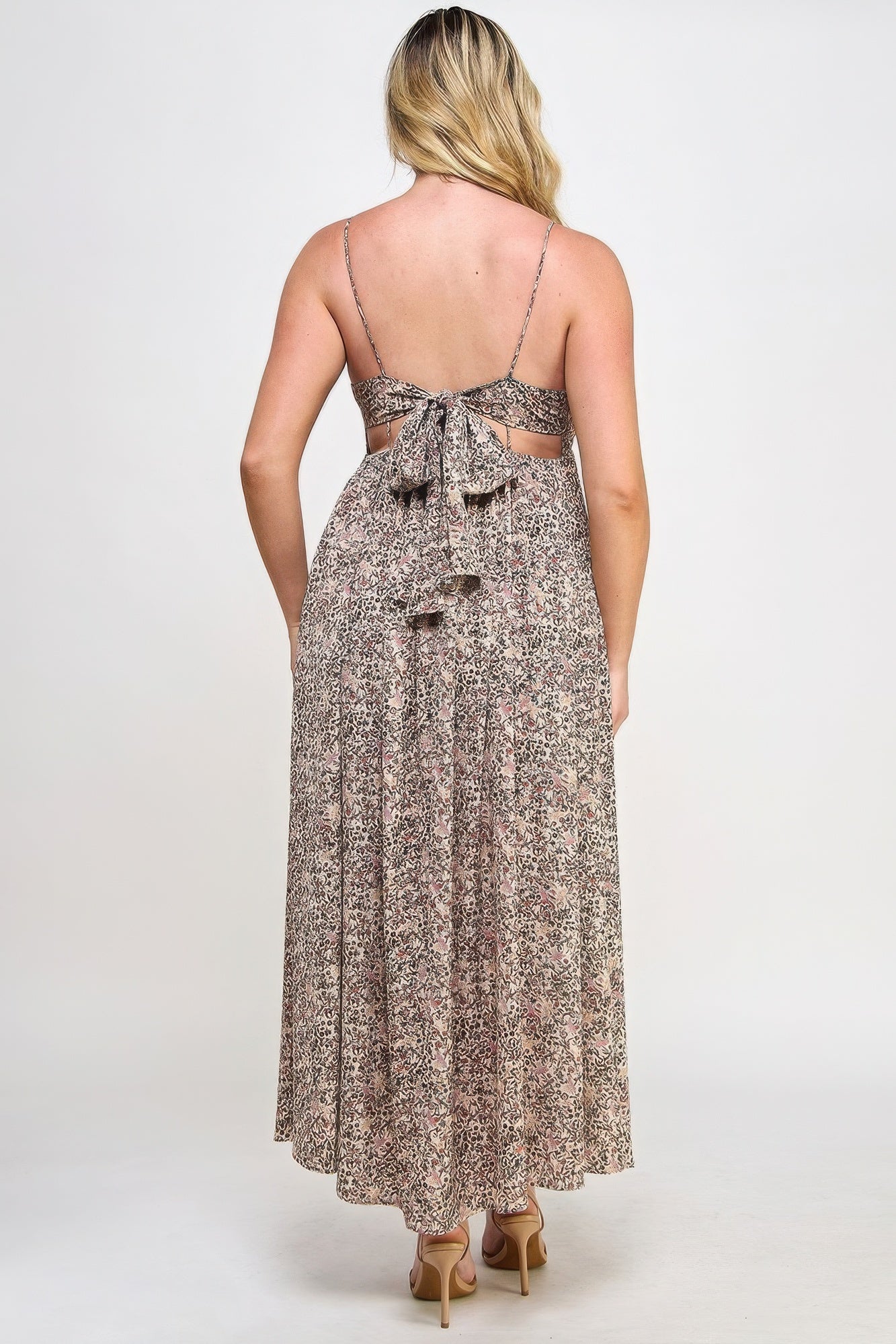 Taupe Floral Maxi Dress With Tie Back