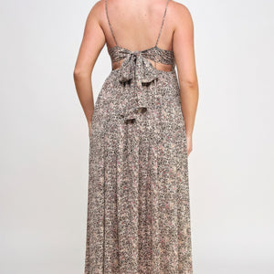 Taupe Floral Maxi Dress With Tie Back