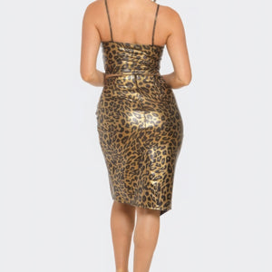 Brown Pu Cheetah Print Top & Front Wrap Slit Skirt Set