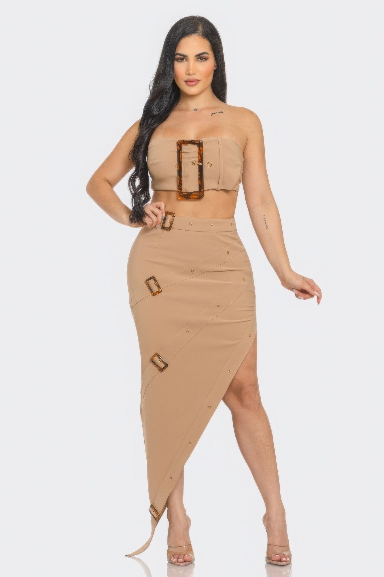 Taupe Front Eyelet Buckle Belt Top And Skirt Set