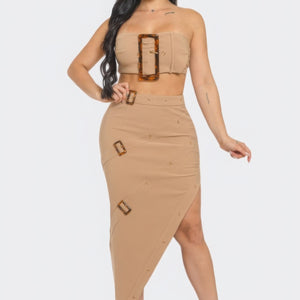 Taupe Front Eyelet Buckle Belt Top And Skirt Set