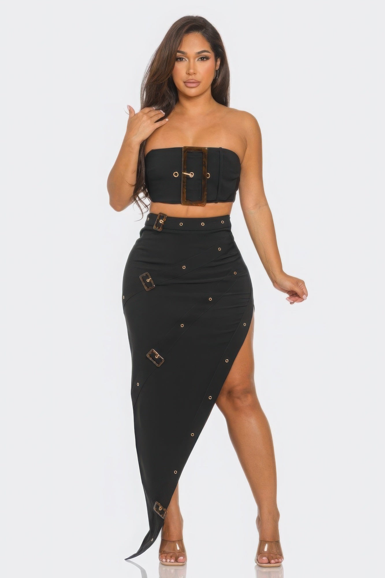 Black Front Eyelet Buckle Belt Top And Skirt Set