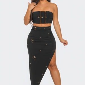 Black Front Eyelet Buckle Belt Top And Skirt Set