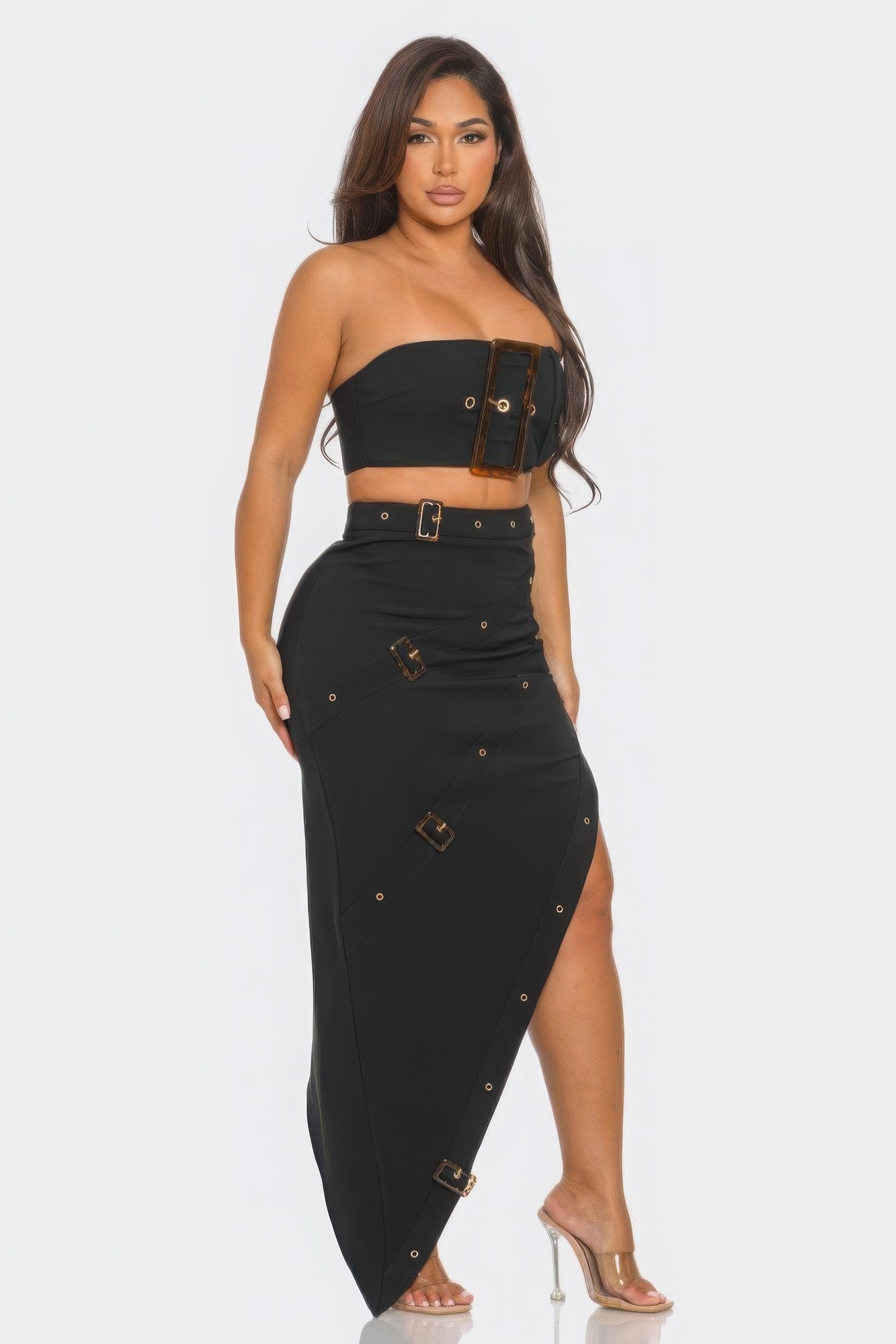 Black Front Eyelet Buckle Belt Top And Skirt Set