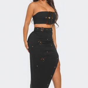 Black Front Eyelet Buckle Belt Top And Skirt Set