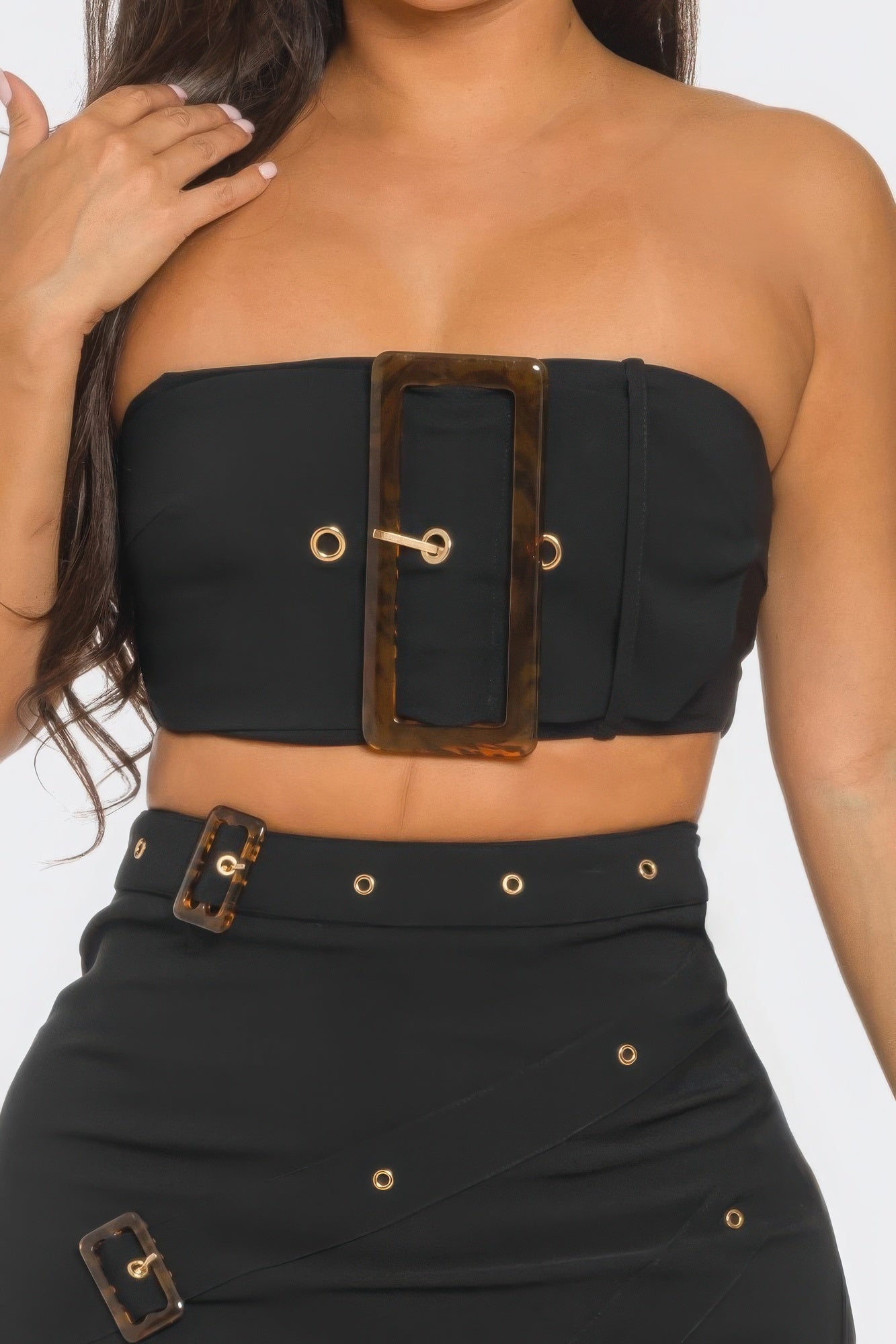 Black Front Eyelet Buckle Belt Top And Skirt Set