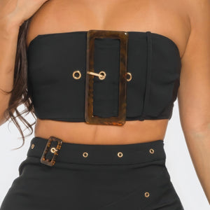 Black Front Eyelet Buckle Belt Top And Skirt Set