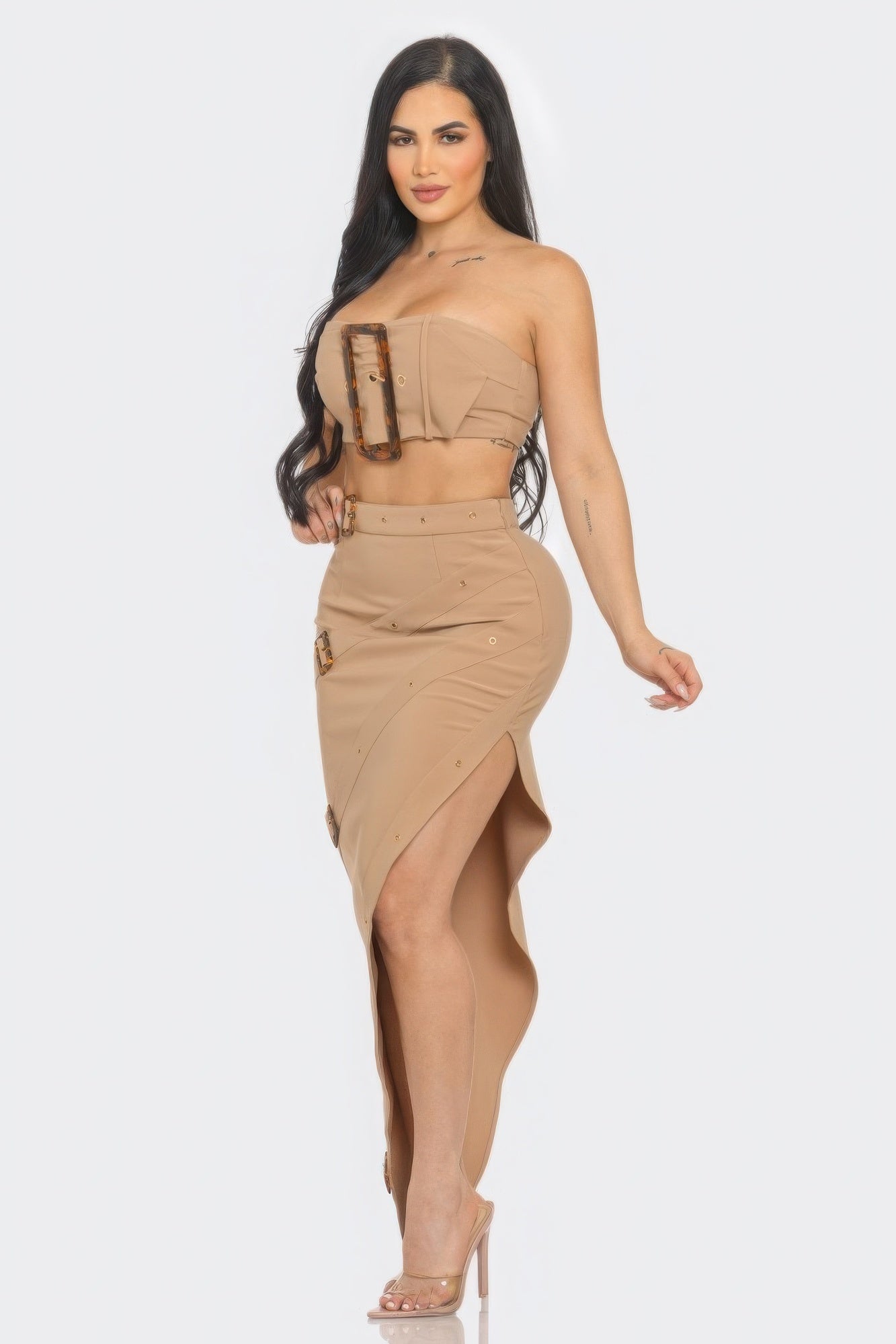 Taupe Front Eyelet Buckle Belt Top And Skirt Set