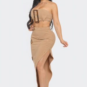 Taupe Front Eyelet Buckle Belt Top And Skirt Set