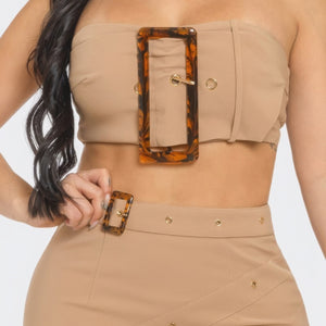 Taupe Front Eyelet Buckle Belt Top And Skirt Set