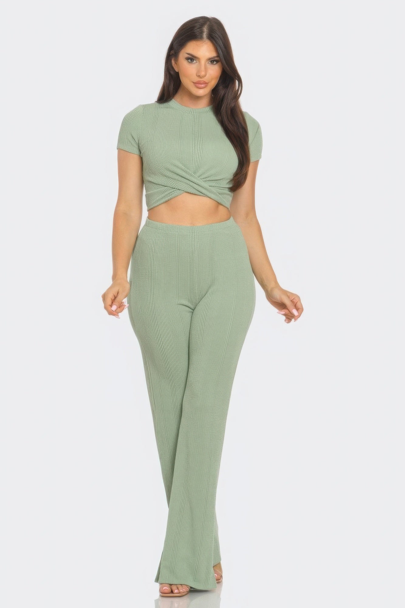 Sage Front Twist Detail Top And Flare Pants Set