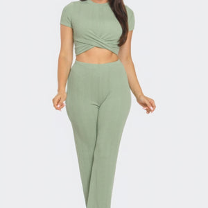 Sage Front Twist Detail Top And Flare Pants Set