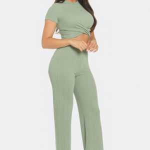 Sage Front Twist Detail Top And Flare Pants Set