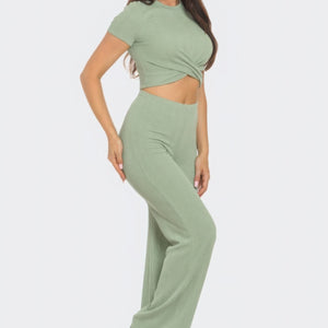 Sage Front Twist Detail Top And Flare Pants Set