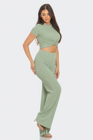 Sage Front Twist Detail Top And Flare Pants Set