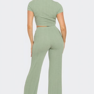 Sage Front Twist Detail Top And Flare Pants Set