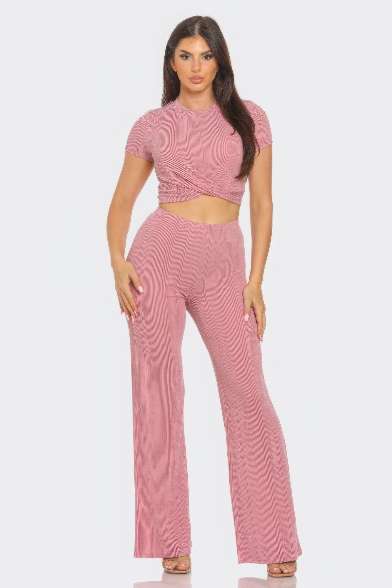 Mauve Front Twist Detail Top And Flare Pants Set