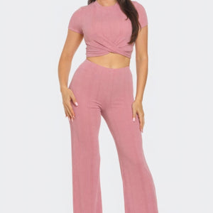 Mauve Front Twist Detail Top And Flare Pants Set