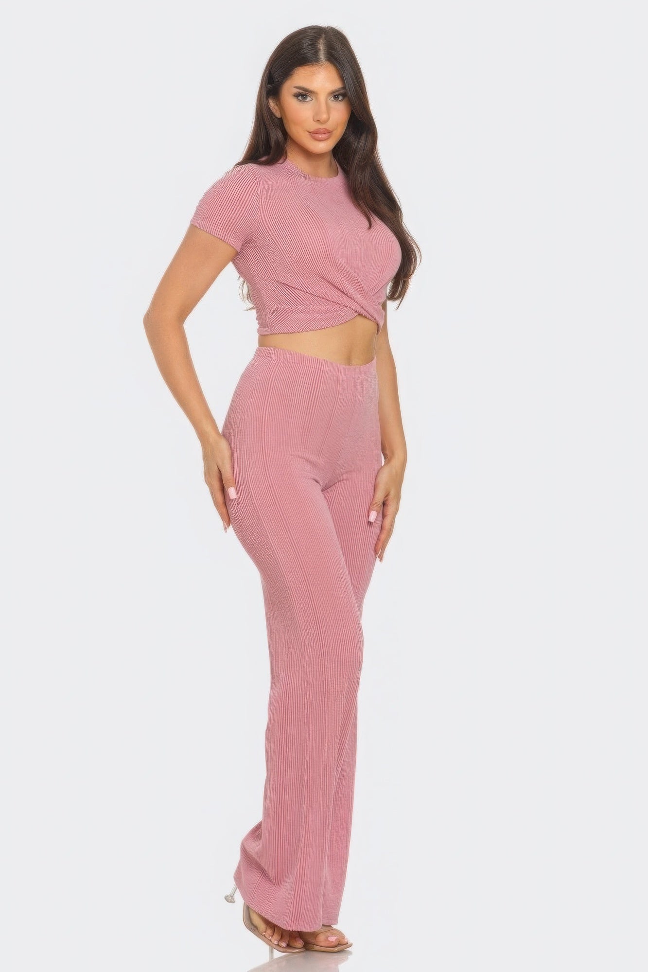 Mauve Front Twist Detail Top And Flare Pants Set