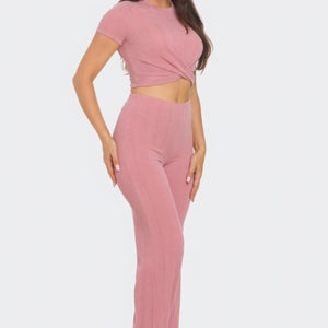 Mauve Front Twist Detail Top And Flare Pants Set