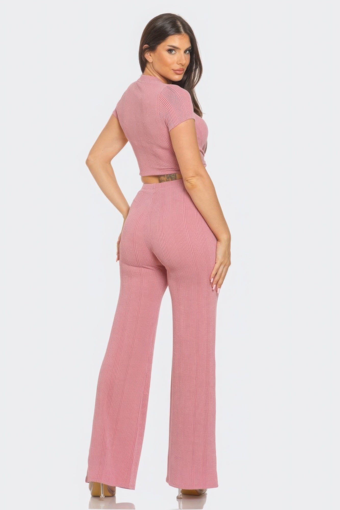 Mauve Front Twist Detail Top And Flare Pants Set