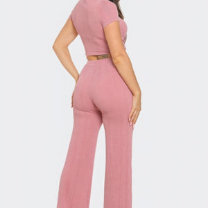 Mauve Front Twist Detail Top And Flare Pants Set