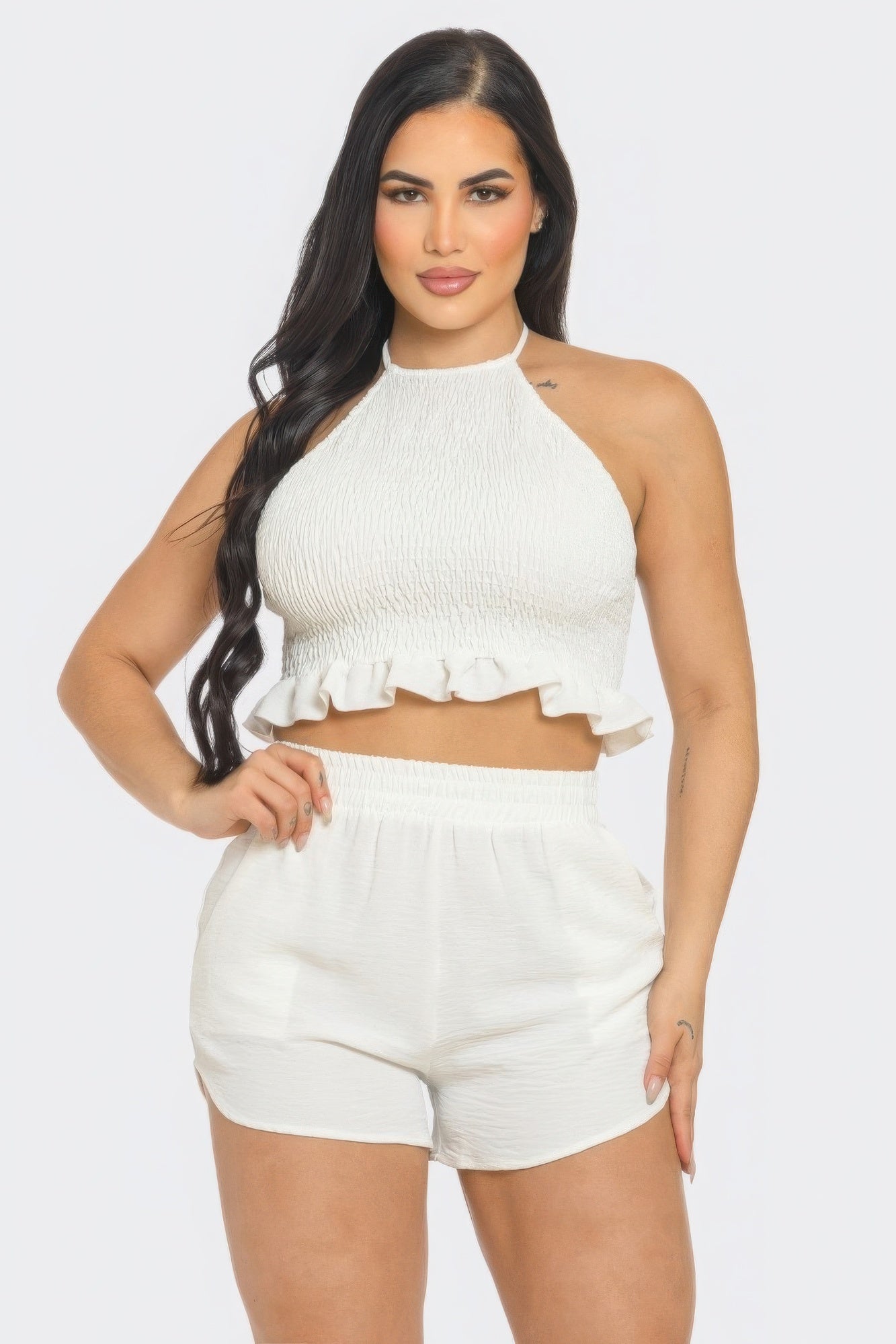 White Front Smocking Detail Halter Top And Shorts Set